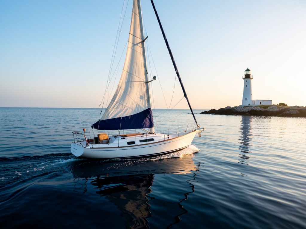 Small sailboat gliding swiftly across calm blue water