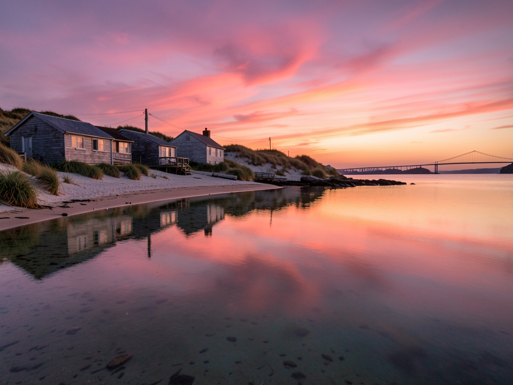 Calm shoreline dusk with glassy shallow water mirroring