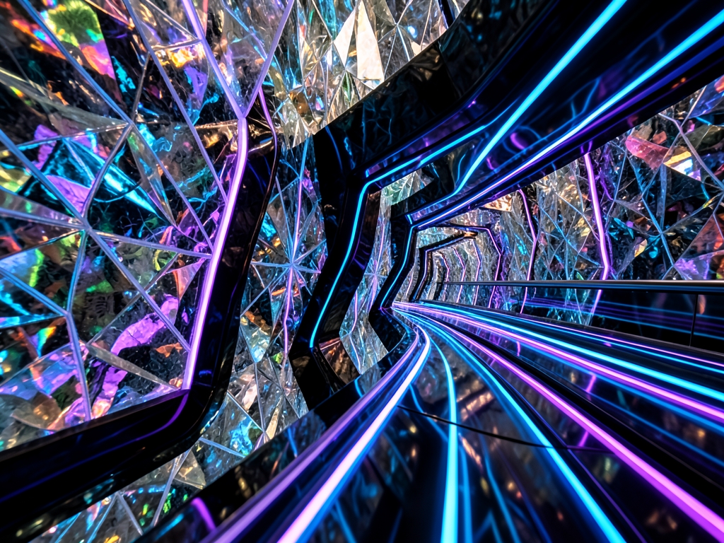 Sleek obsidian tunnels carved through crystalline canyon illuminated