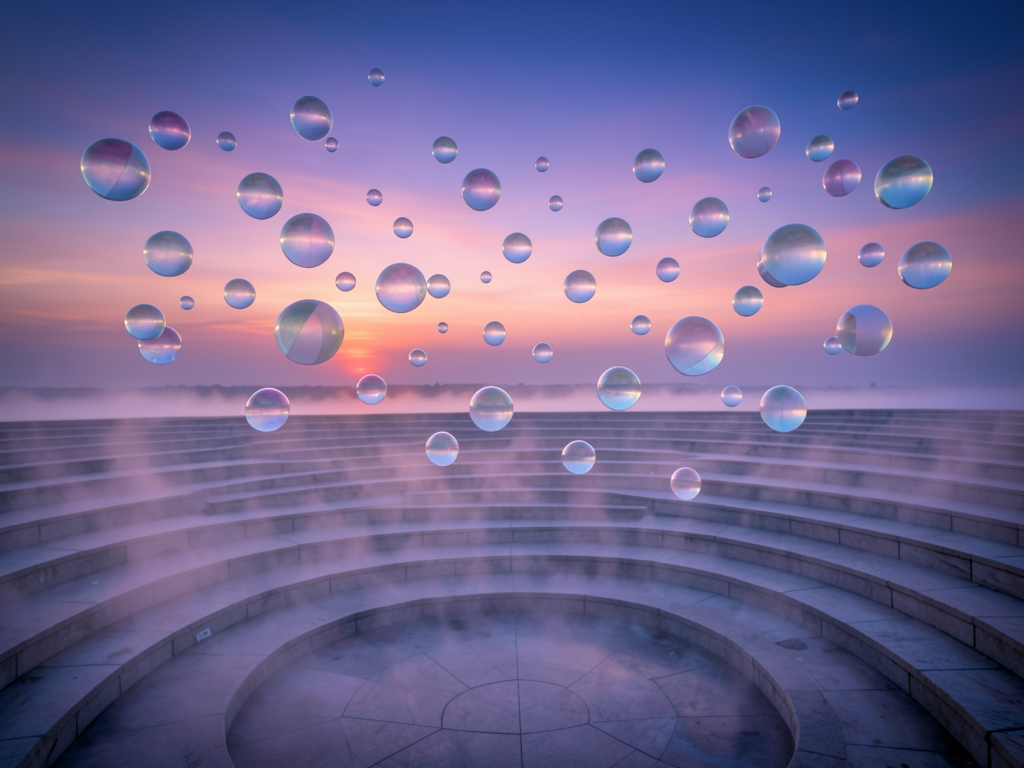 vast geometric landscape floating translucent spheres drifting synchronized