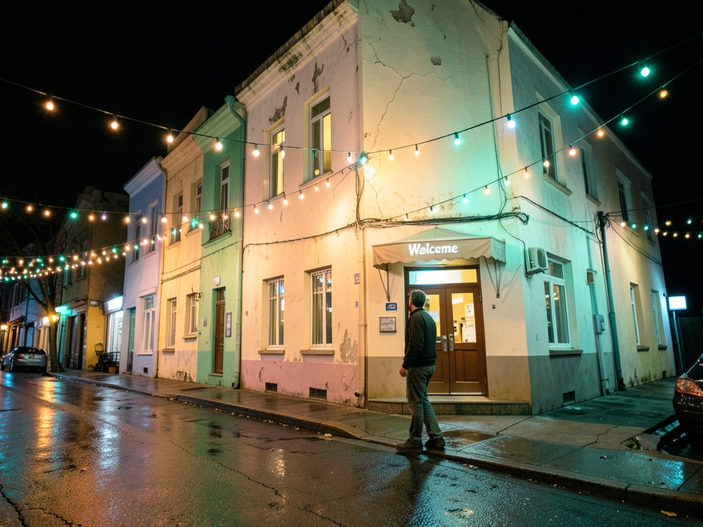 Quiet downtown street night under canopy glowing colored