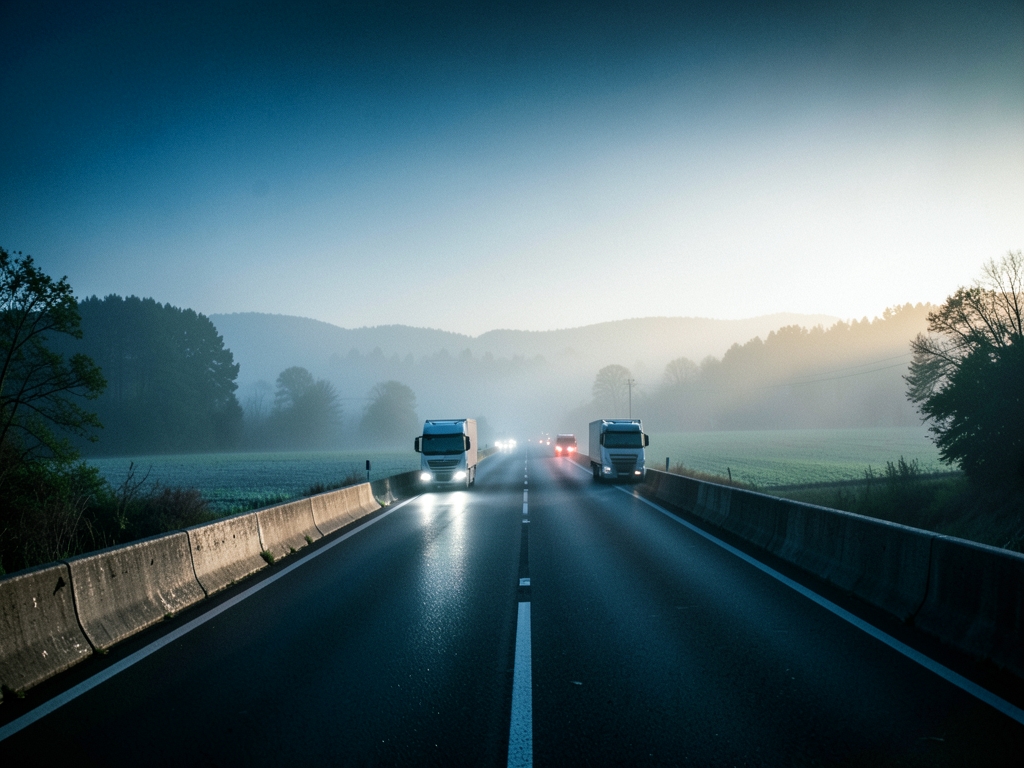 misty dawn highway rural France heavy clinging road