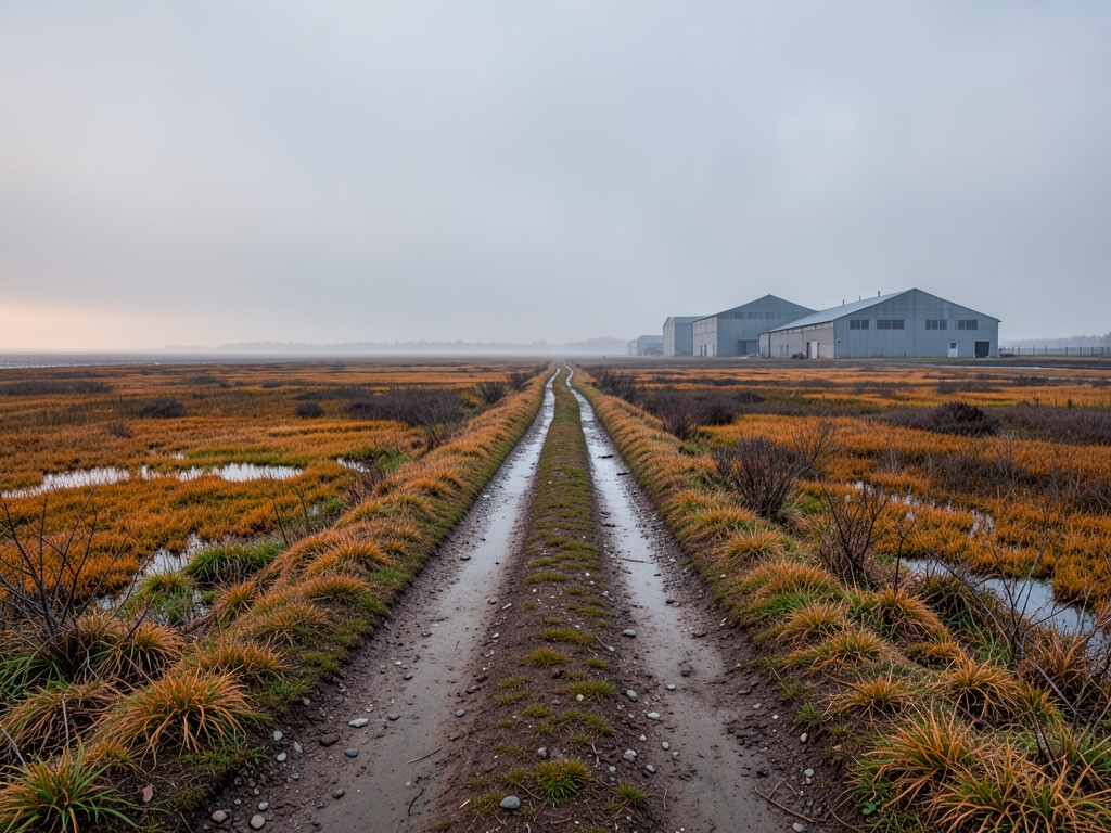Overcast dawn wide flat coastal plain weathered two track