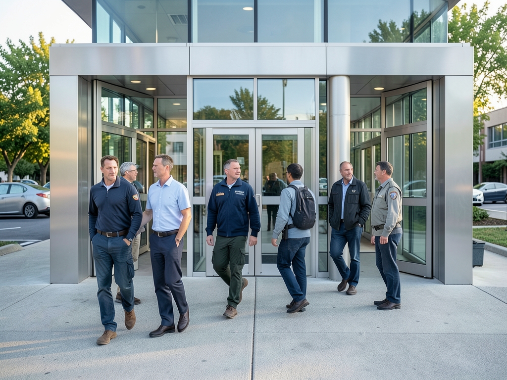 modern veterans hiring center with matching glass and steel entrances