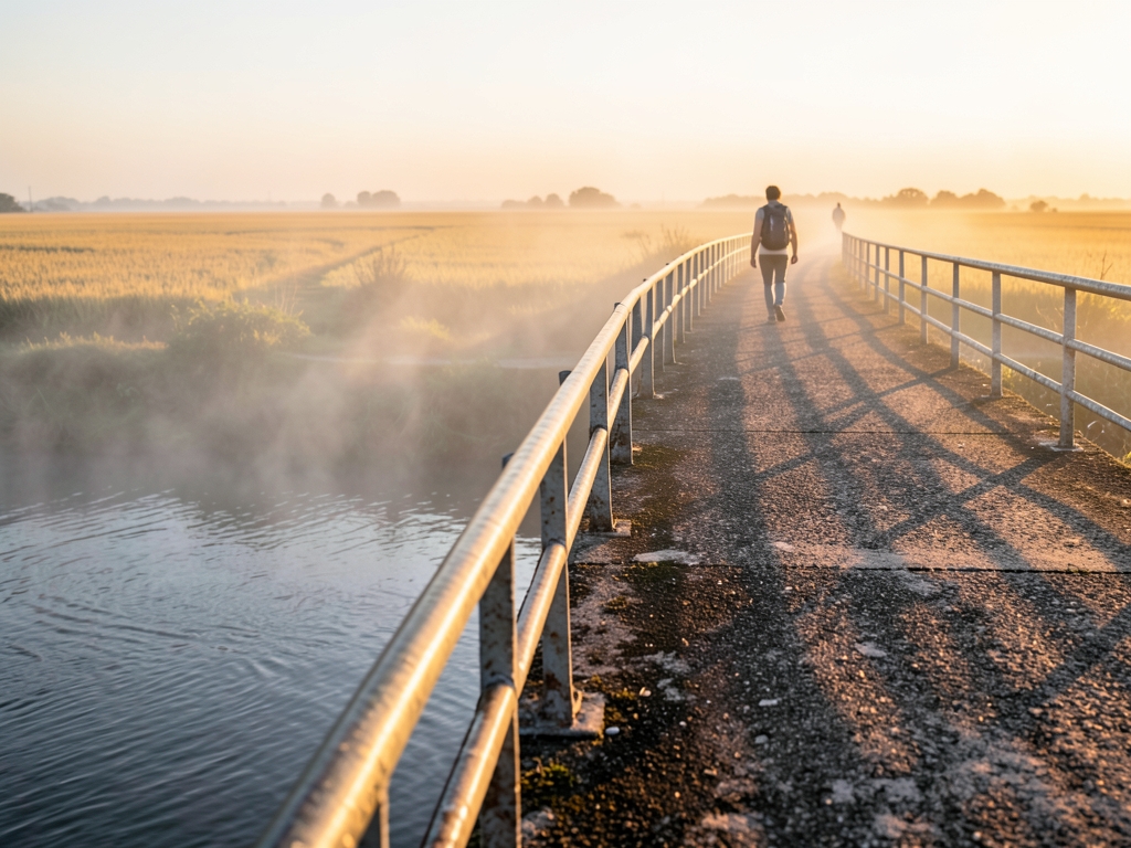 sunlit concrete bridge over misty river dawn steel