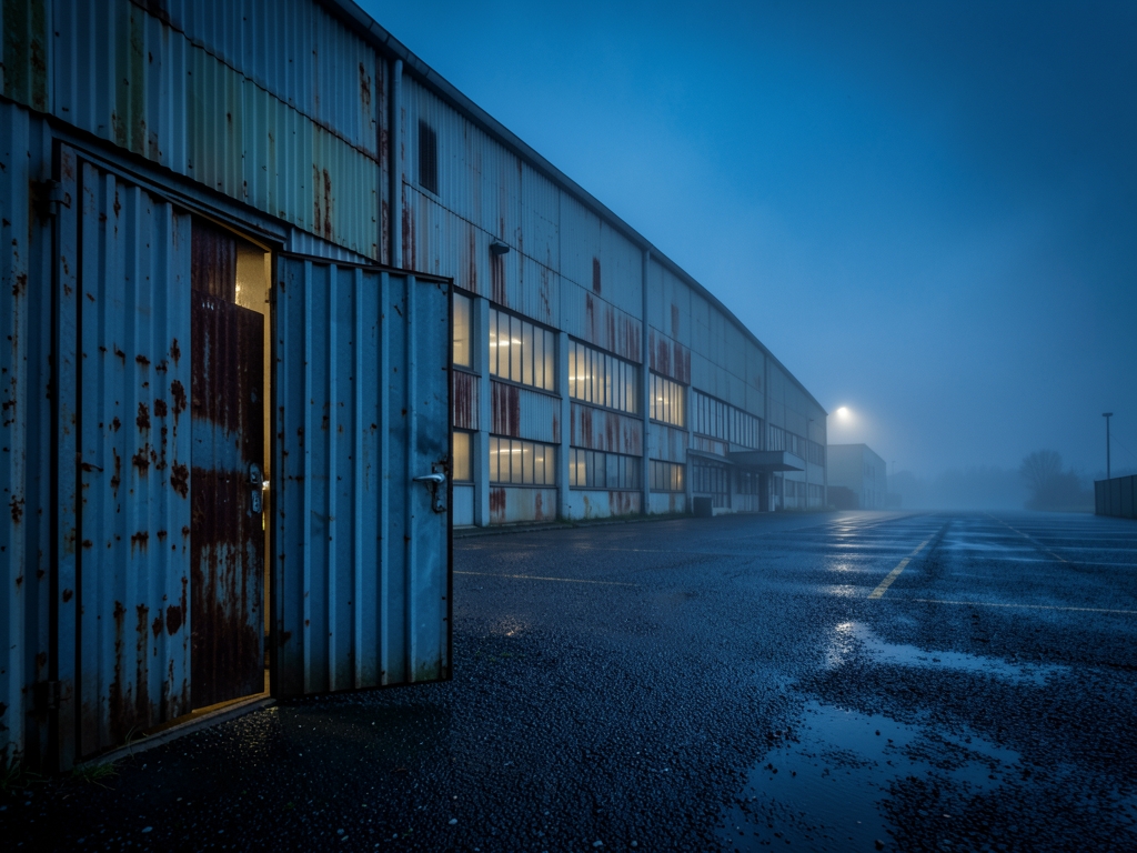 fog draped industrial warehouse twilight gravel underfoot cold blue