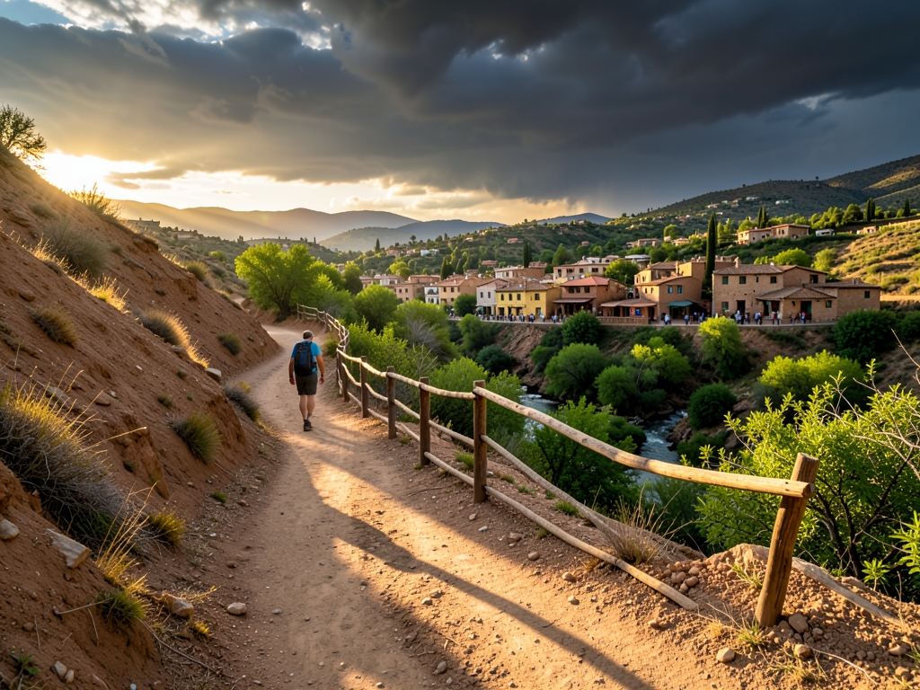 Winding path from rugged desert training hills green
