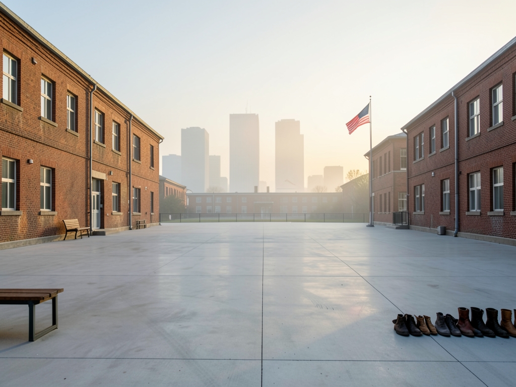 Quiet military base courtyard dawn with empty parade