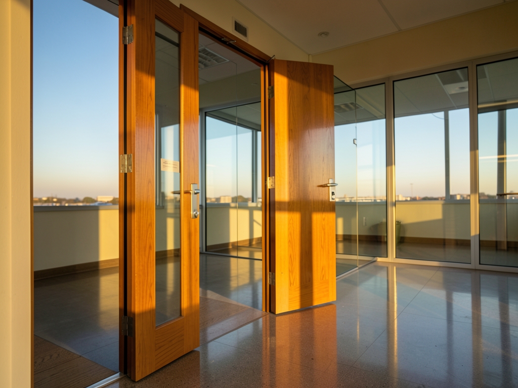 Empty veterans reemployment office dawn open wooden door