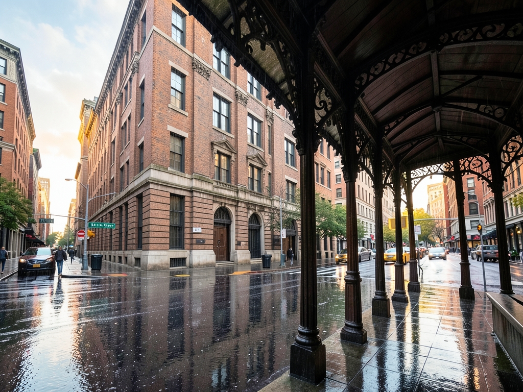 Long courthouse and office journey through rain washed city sturdy brick
