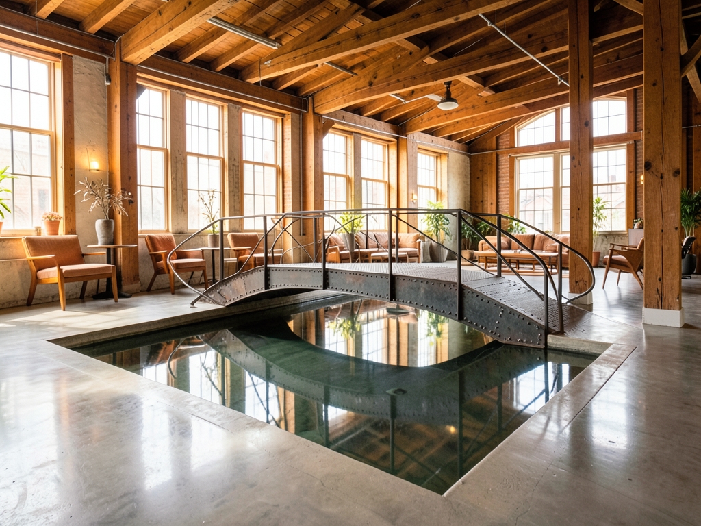 Sunlit industrial loft with polished concrete floors warm
