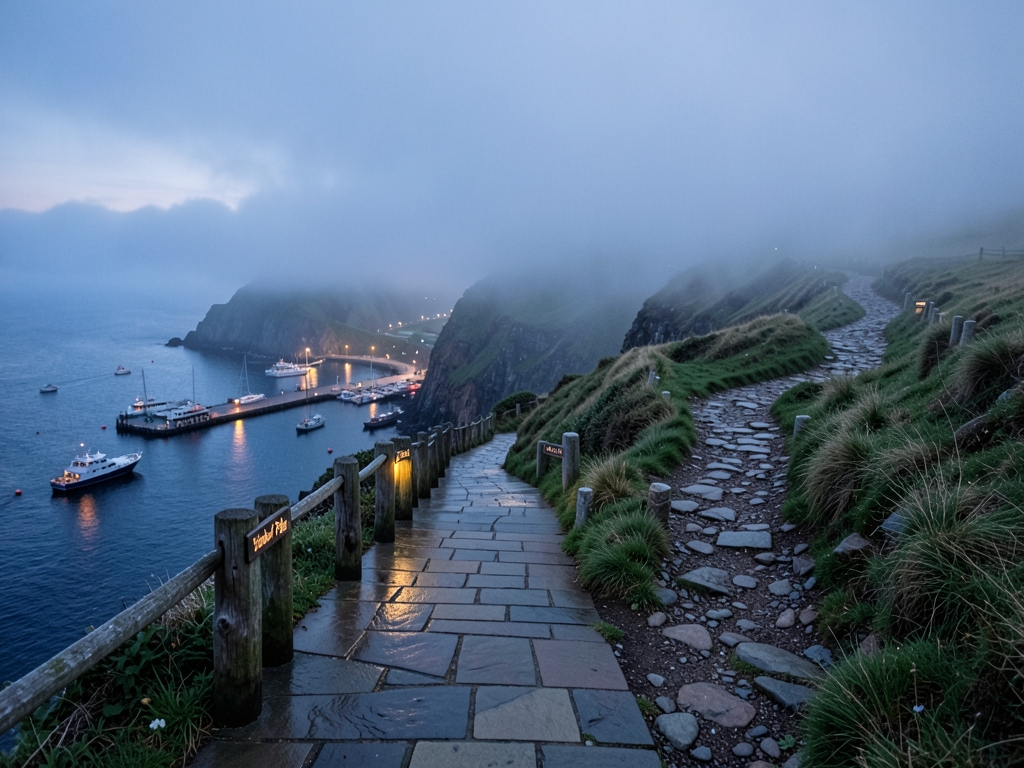Overcast coastal cliffside twilight where distinct trails diverge