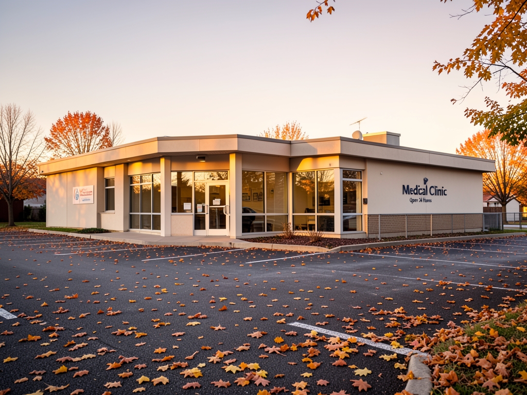 Quiet suburban medical clinic exterior autumn dawn empty