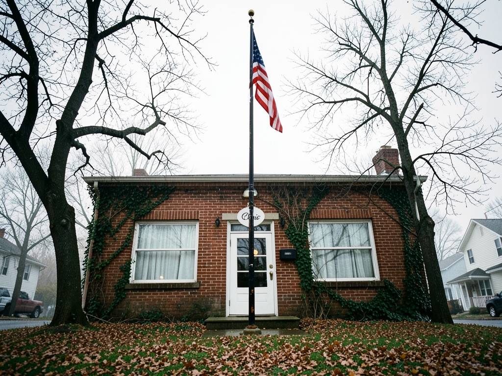 Small town brick clinic building with flagpole bare