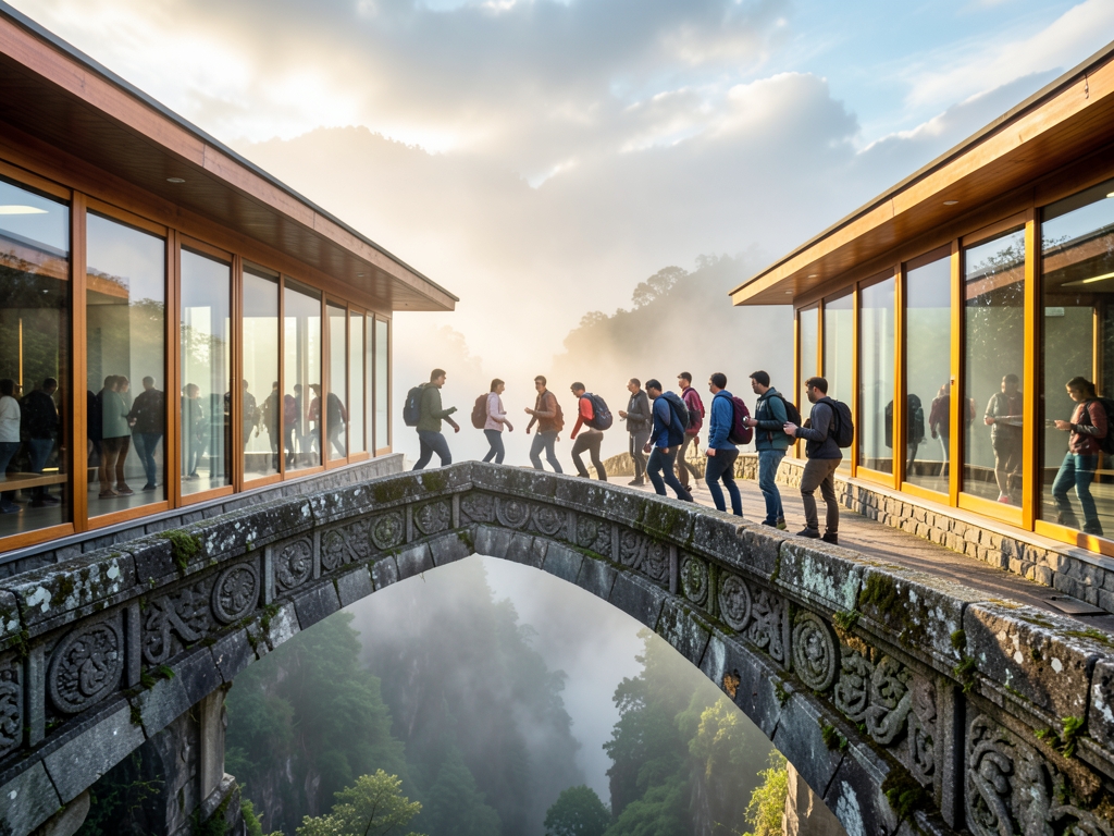 wide stone footbridge spanning misty ravine connecting modern
