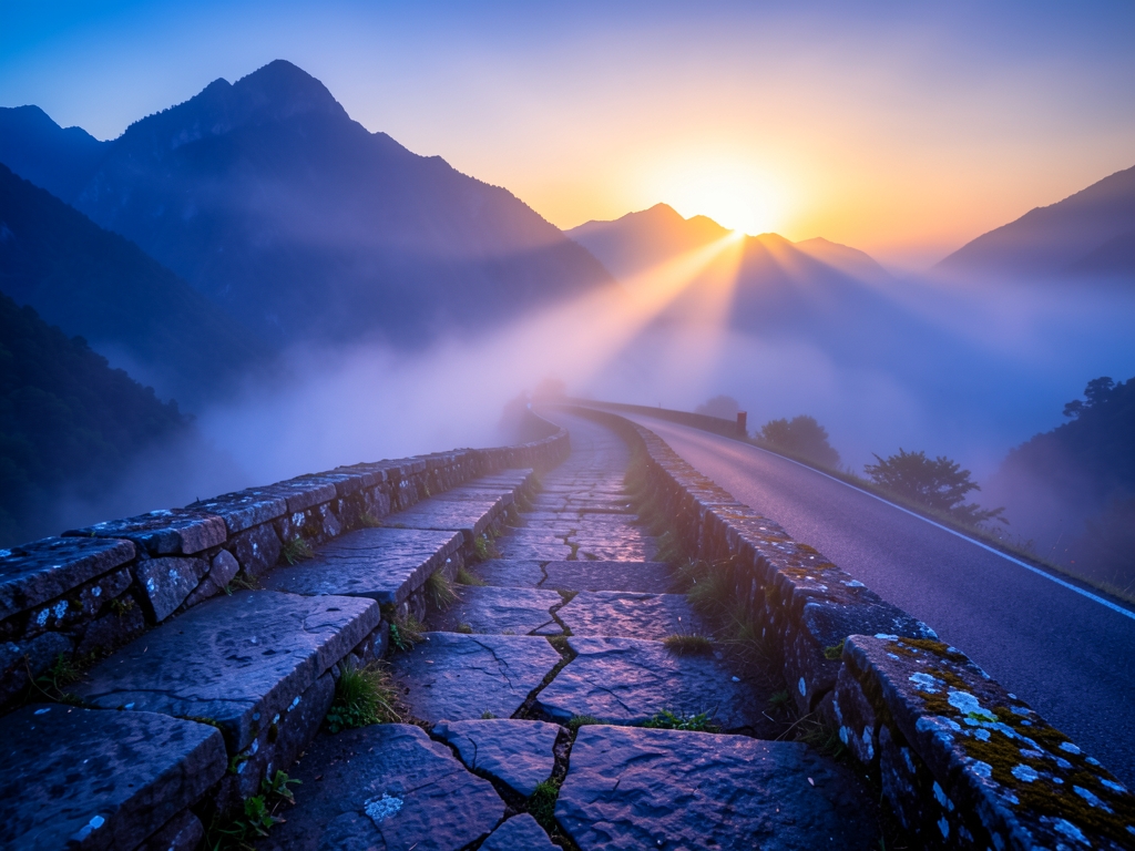 misty dawn over foggy mountain road with soft