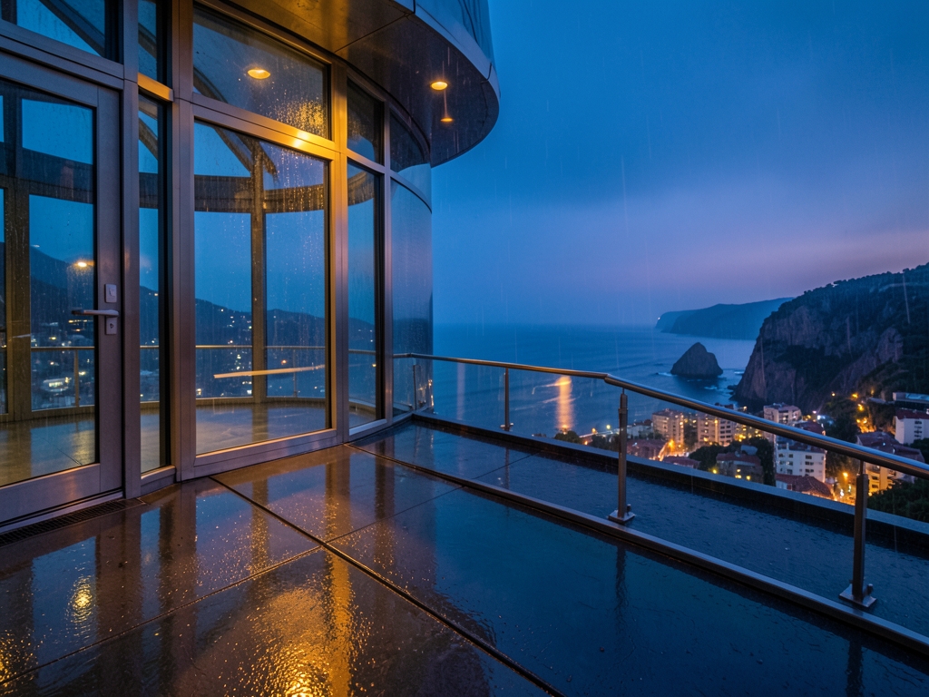 Rain slick observatory terrace overlooking coastal city blue hour