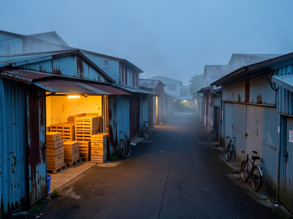 Vietnamese electronics factory district dusk corrugated workshops Hanoi