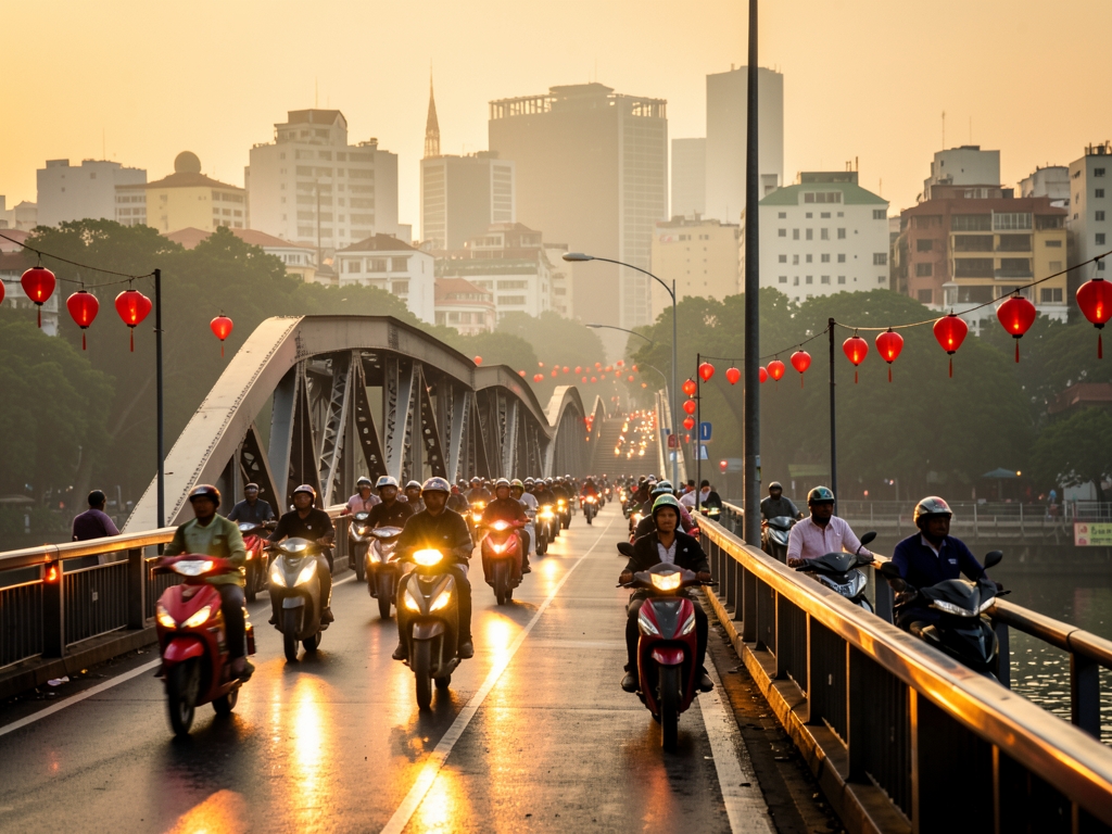 Motorbikes streaming across long steel bridge over Saigon