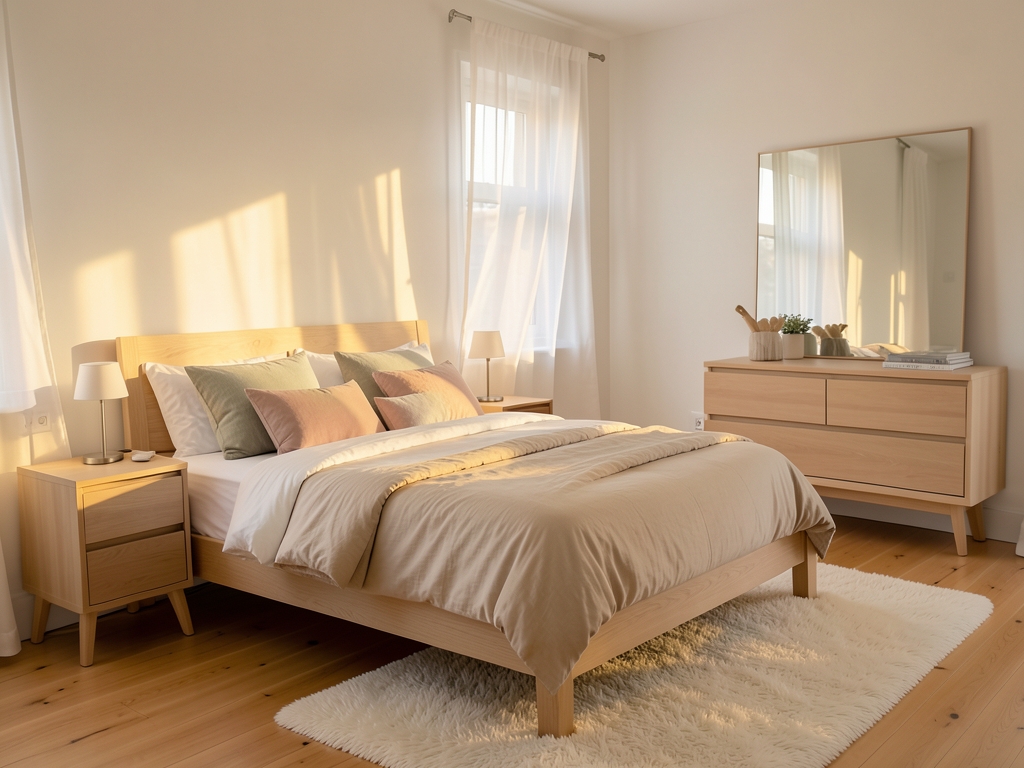 Scandinavian bedroom interior with light linen bedding pale