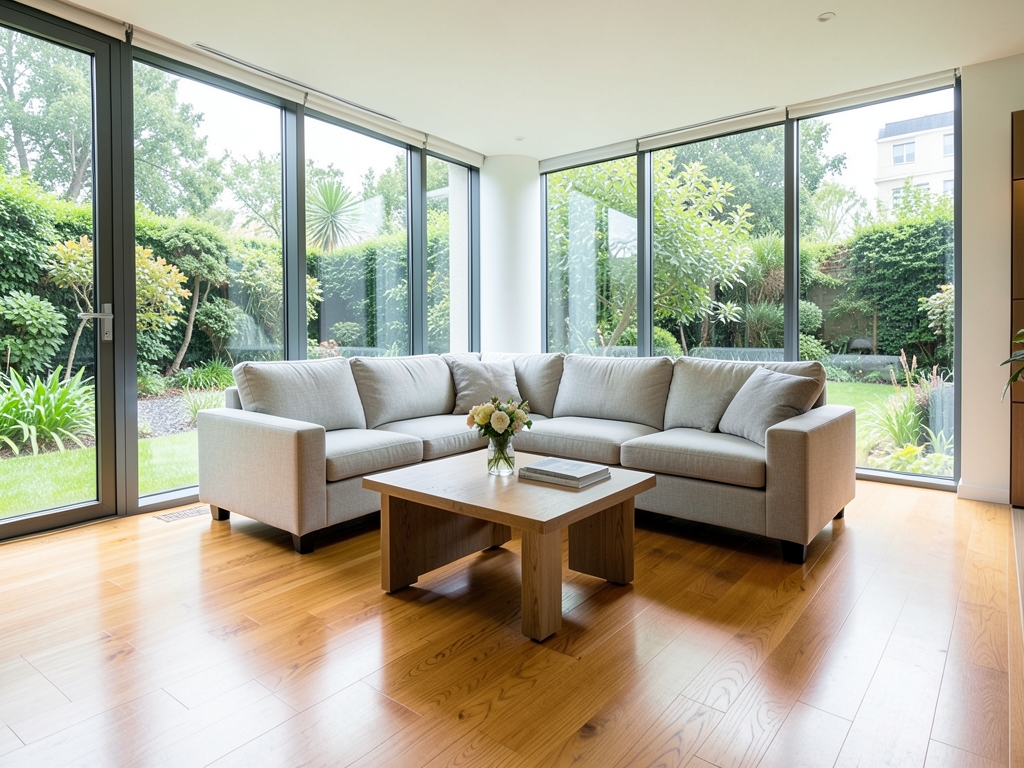Modern empty living room with floors tall glass