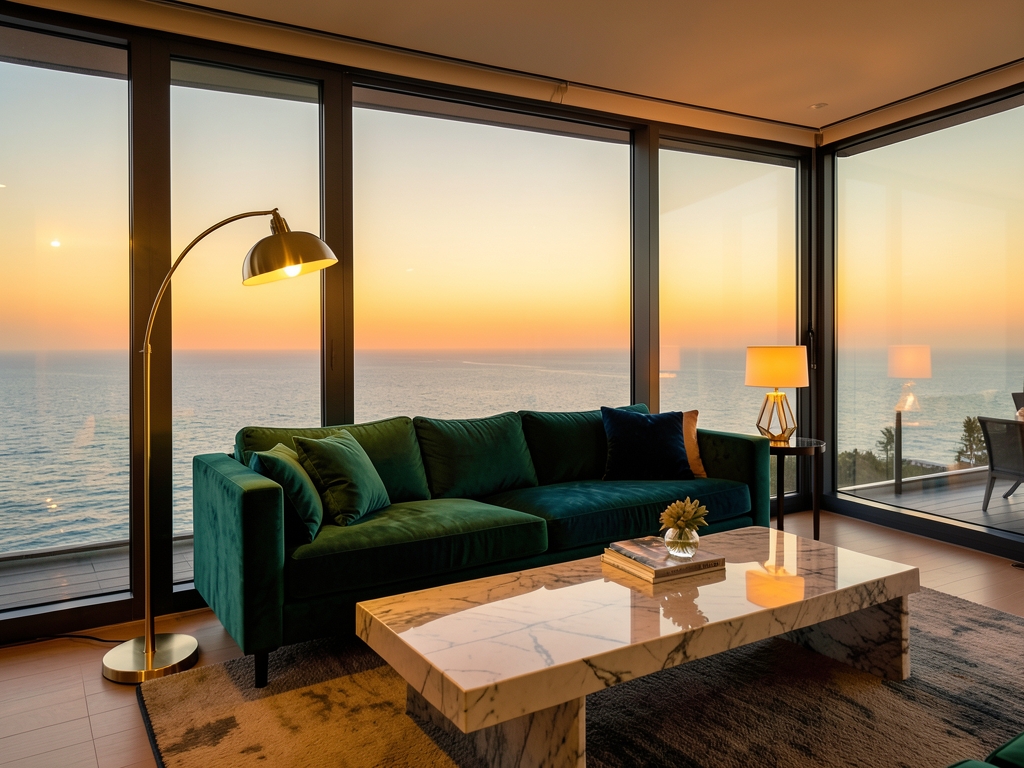 Luxurious staged penthouse living room warm sunset glow