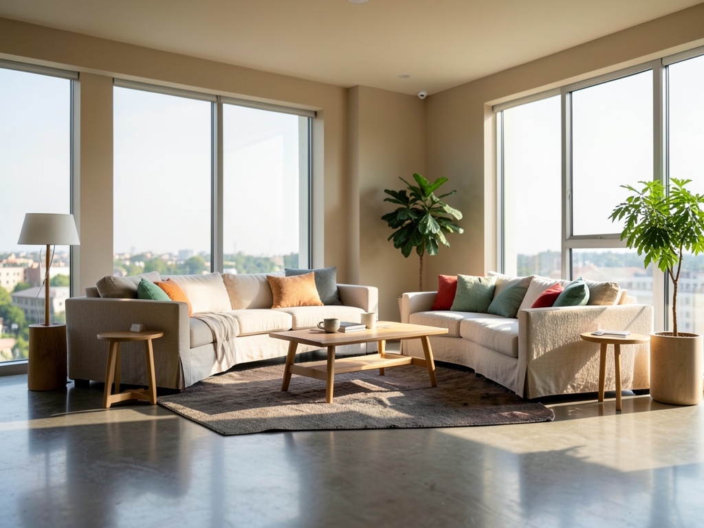 Sunlight streams through floor to ceiling windows into minimalist living