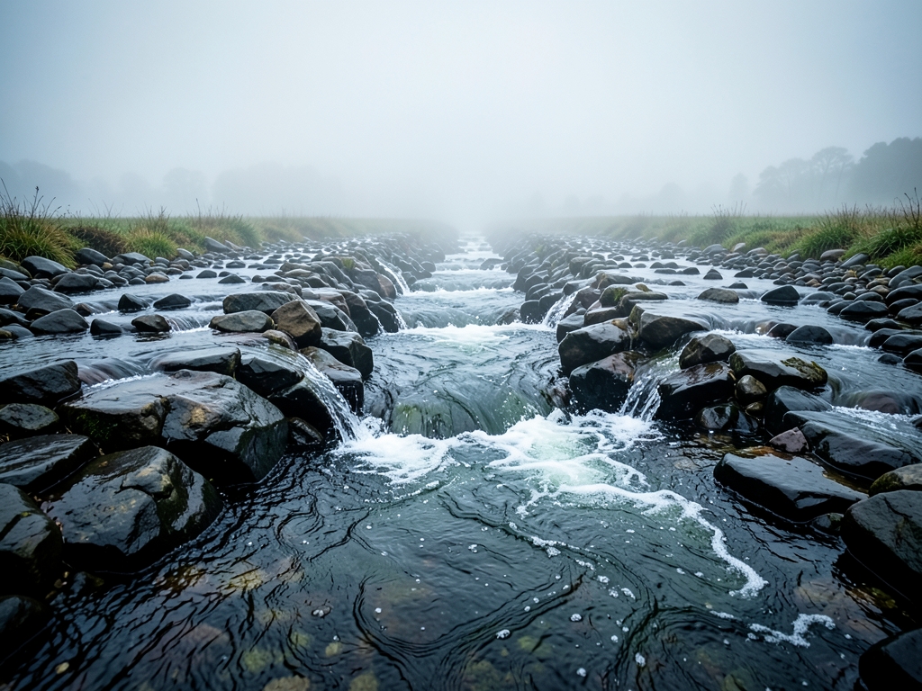 foggy river delta with countless tiny rivulets merging