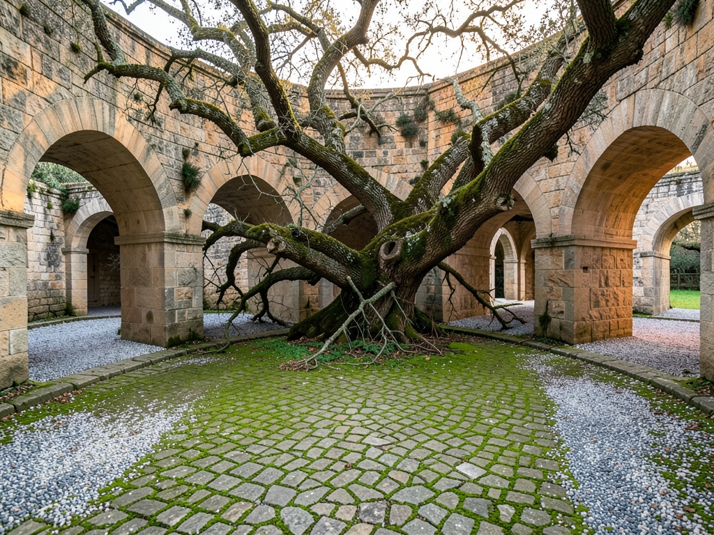 circular stone courtyard with many identical arched exits