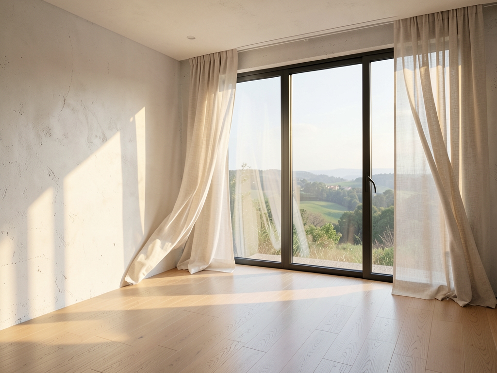 sunlit minimalist living room with whitewashed concrete walls
