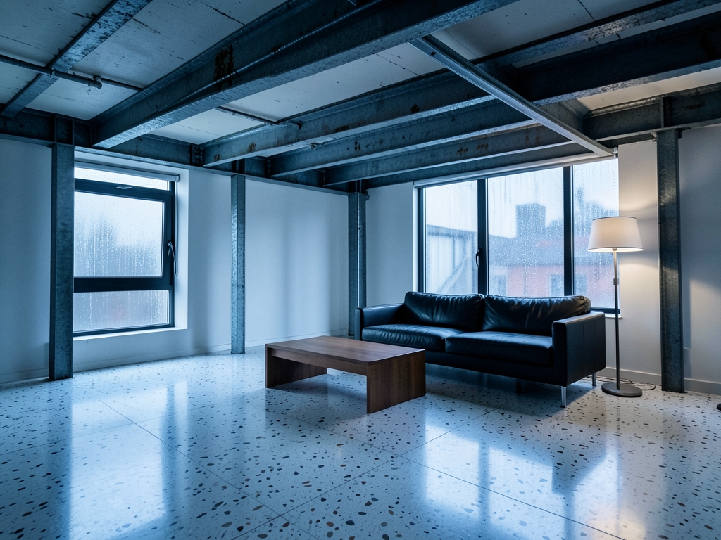 rain streaked modern loft with exposed steel beams polished