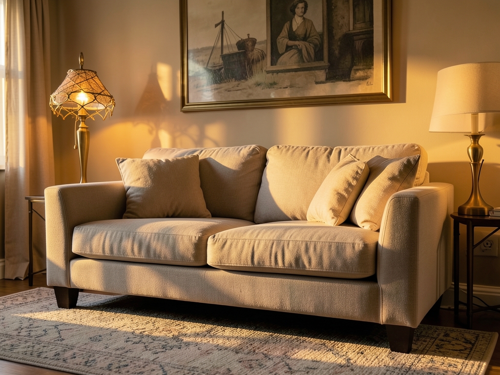 Fully furnished living room with neutral sofa brass