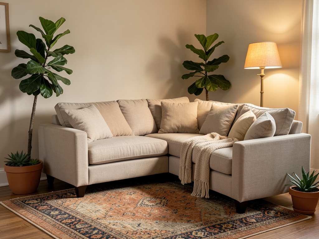 Same living room staged with neutral sofa woven