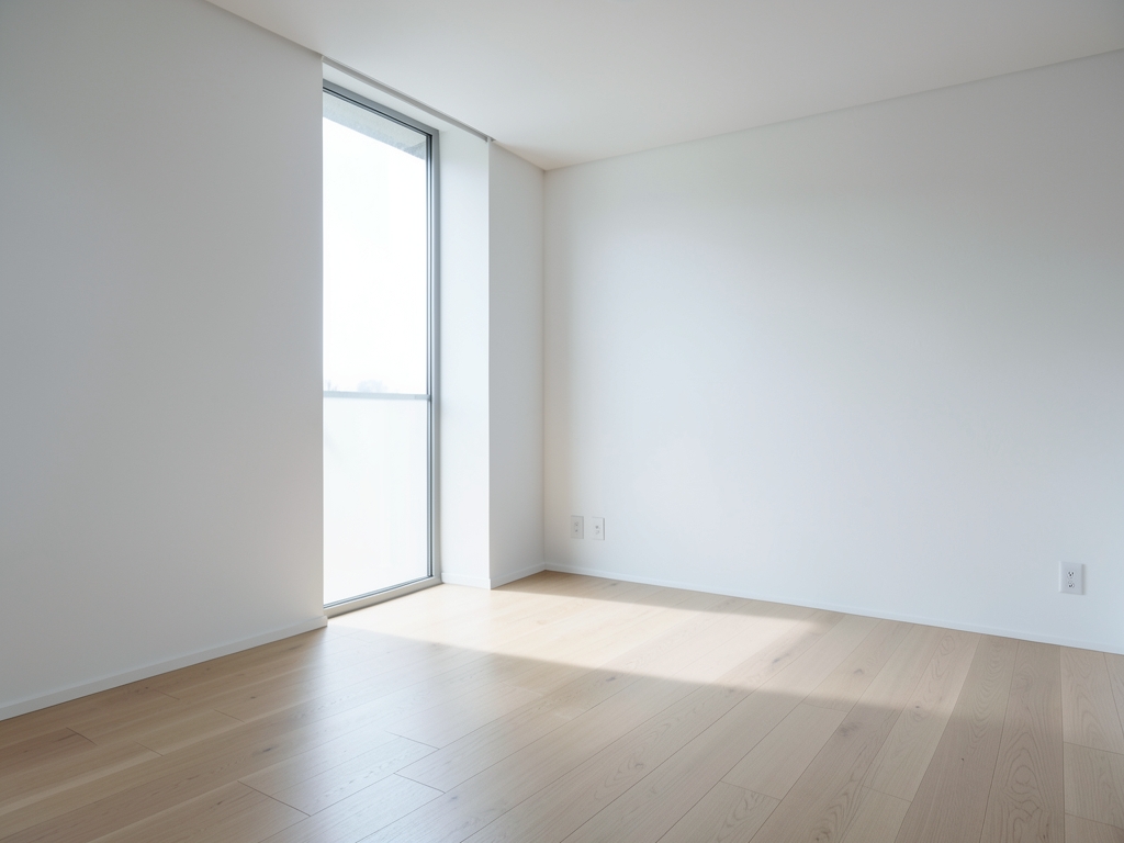 Empty minimalist living room with pale floors white