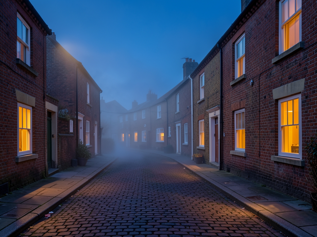 Quiet residential street twilight brick townhouses with warm