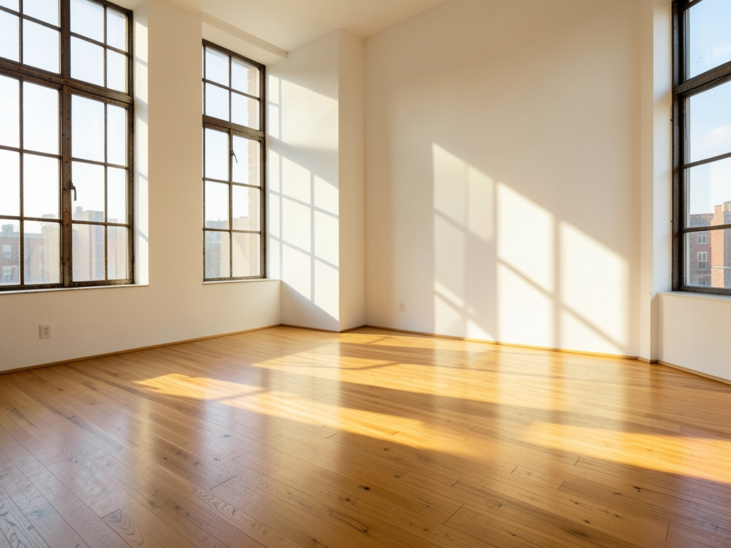 Sunlit empty modern loft living room with bare