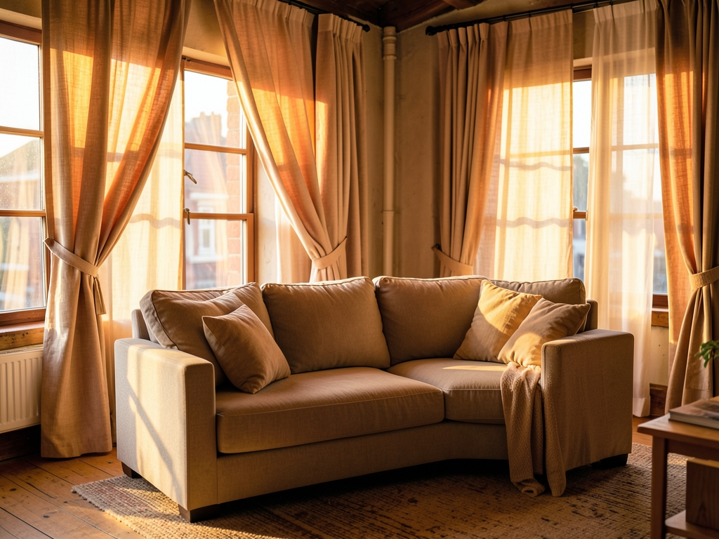 Same loft fully staged with warm neutral sofa