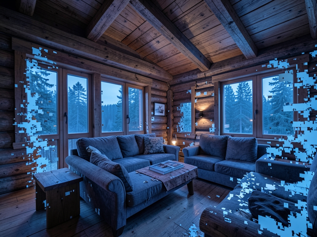 Wide angle view rustic timber cabin interior bathed twilight