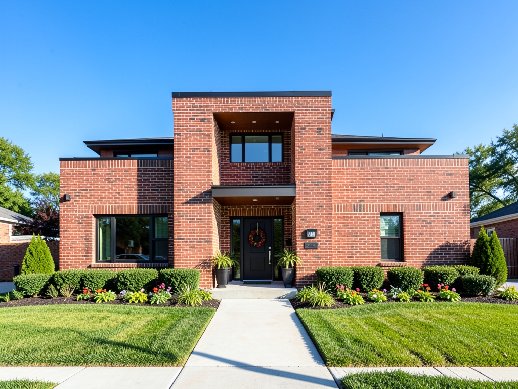 contemporary Atlanta home exterior with brick accents manicured