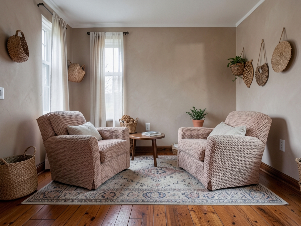 Overcast suburban family room with matte plaster walls