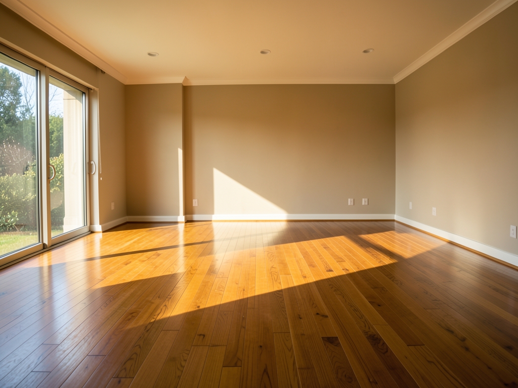 Sunlight streams through large windows into spacious empty