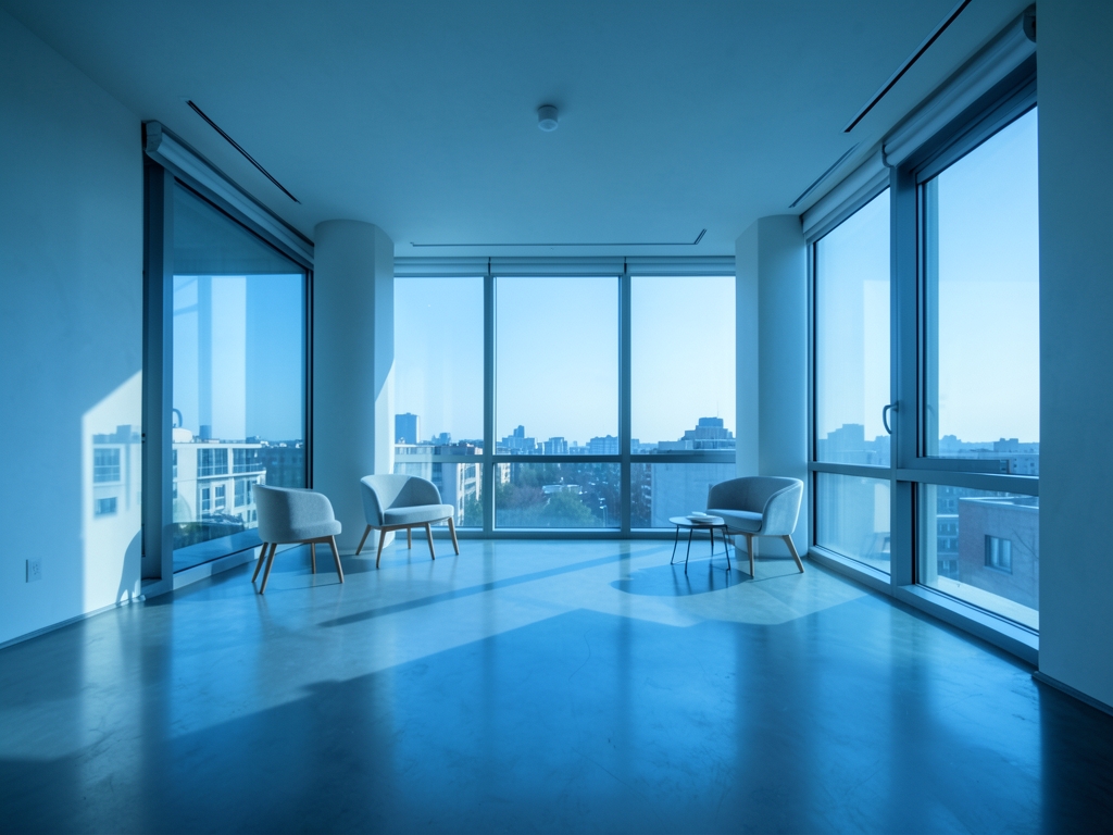 Prompt empty minimalist loft with cold blue morning