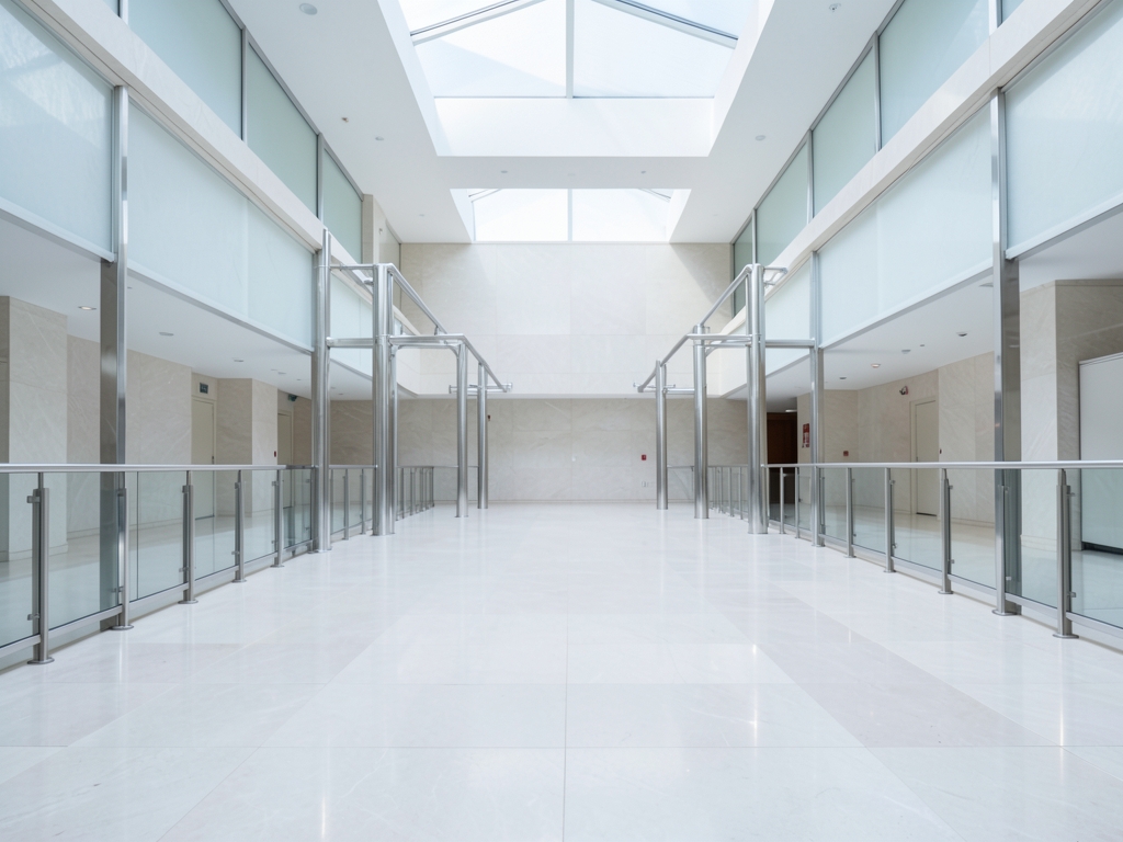 empty vast interior atrium frosted white stone polished
