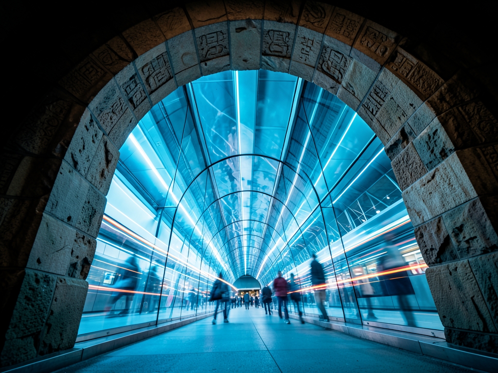 Sleek glass transit tunnel bathed cool azure light