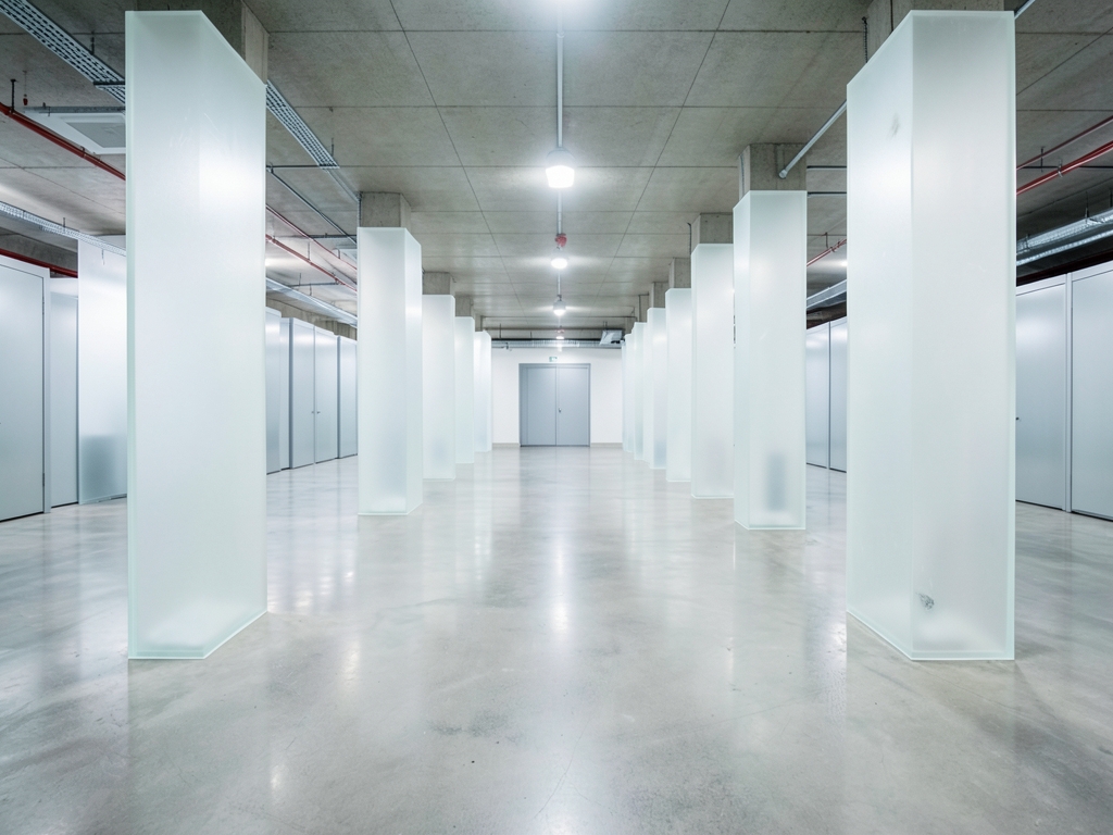 Vast minimalist data center interior featuring polished concrete