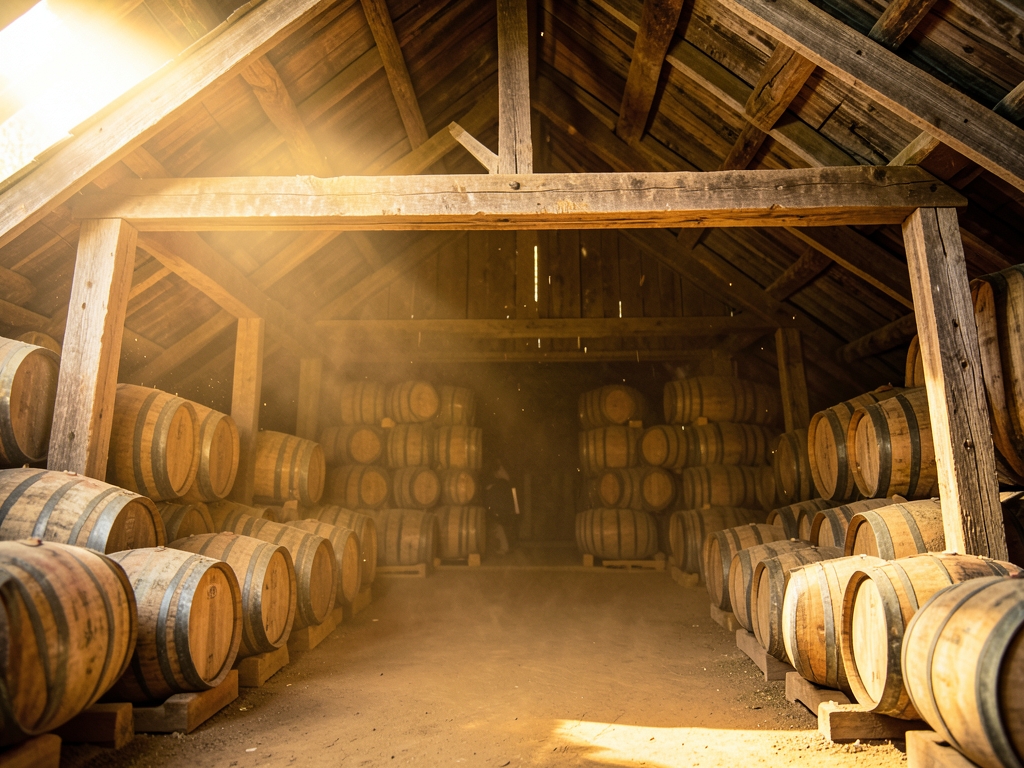 Rustic rickhouse with stacked barrels soft golden light