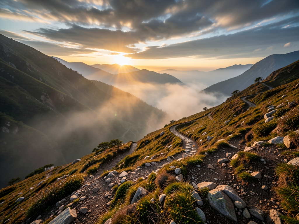 Diverging mountain trails above misty valley under dramatic
