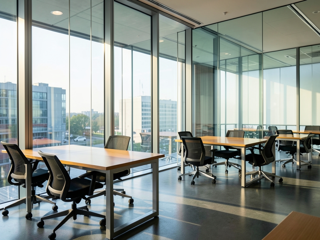 Modern glass office interior with wood tables empty