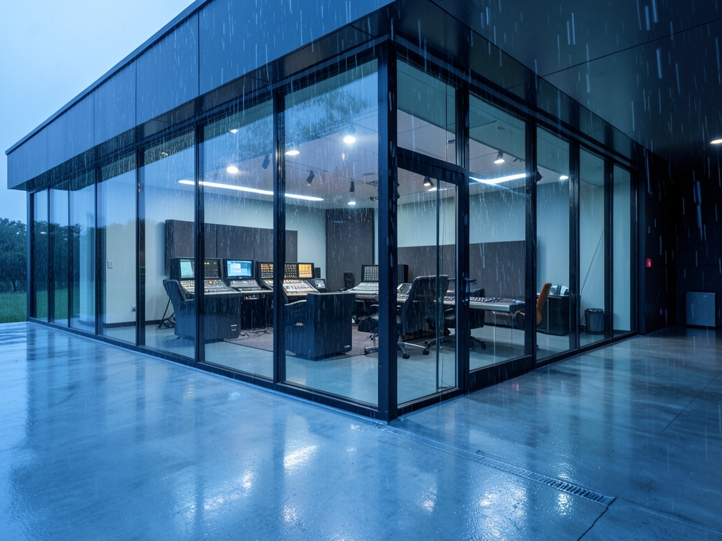 vast glass walled recording studio dawn rain streaking exterior
