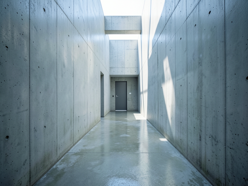 minimalist concrete corridor flooded with pale morning light